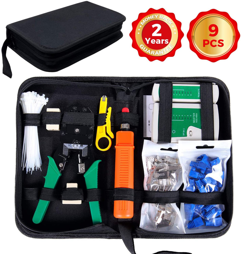 SGILE Network Tool Kits Computer Maintenance LAN Cable Tester 9-in-1 with Crimp Stripper Tool Set